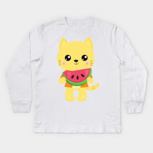Hawaii Cat, Cute Cat, Yellow Cat, Watermelon, Luau Kids Long Sleeve T-Shirt